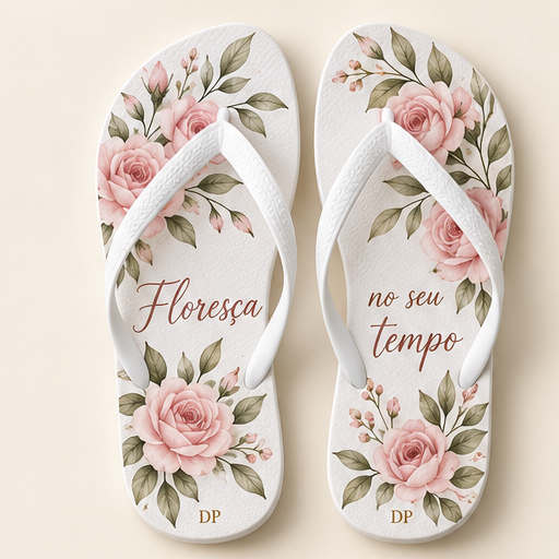 Imagem ilustrativa do chinelo feminino FLORESÇA: Rosas em tons de rosa e folhas suaves para celebrar seu próprio tempo.