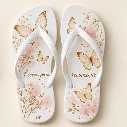 Imagem ilustrativa do chinelo feminino LEVEZA: Borboletas e aquarela rosada para acompanhar uma nova fase.