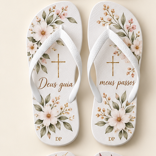 Imagem ilustrativa do chinelo feminino PASSOS DE FÉ: Flores delicadas e um símbolo sutil de fé para levar confiança a cada passo.