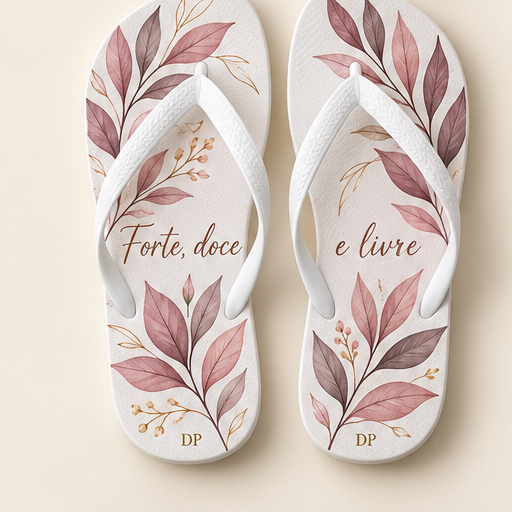 Imagem ilustrativa do chinelo feminino ESSÊNCIA: Folhagens e tons rosados para uma mulher que reconhece sua força e sua delicadeza.