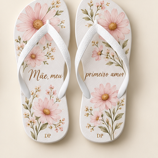 Imagem ilustrativa do chinelo feminino AMOR DE MÃE: Margaridas e carinho em uma arte pensada para presentear sua mãe.